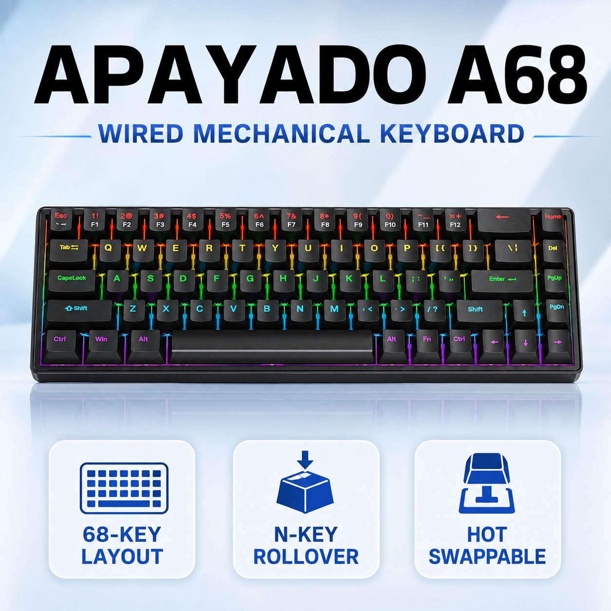 Gaming Keyboard Blue Switches - APAYADO A68 Wired Mechanical Keyboard, Hot-Swappable,